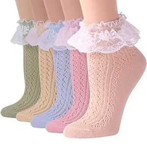 🎄🆕 Vintage Style Pointelle Lace Cuff Dress Socks - 5 Pairs